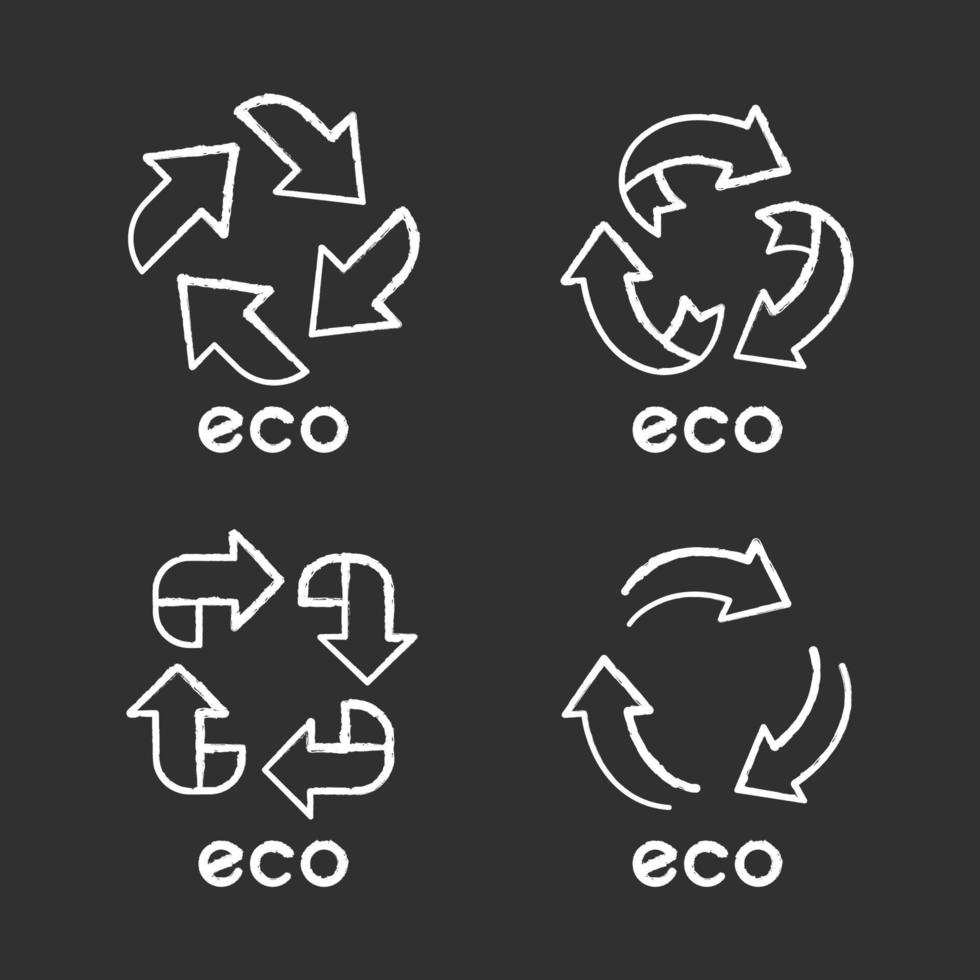 conjunto de iconos de tiza de etiquetas ecológicas. signos de flechas. símbolos de reciclaje. energía alternativa. pegatinas de protección del medio ambiente. productos químicos ecológicos. cosméticos orgánicos. Ilustraciones de vector pizarra