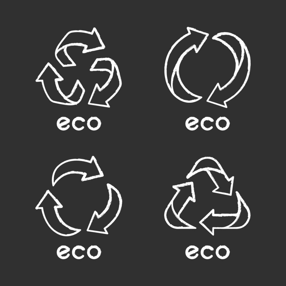 Eco labels chalk icons set. Arrows signs. Recycle symbols. Alternative energy. Eco friendly chemicals. Environmental protection emblems. Organic cosmetics. Isolated vector chalkboard illustrations