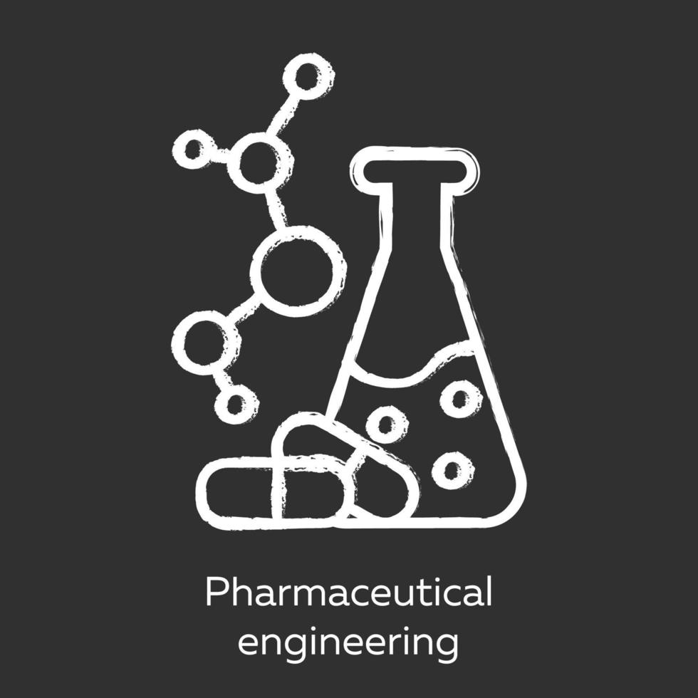 Pharmaceutical engineering chalk icon. Drug formulating. Chemical engineering. Medication quality control. Flask, molecule, capsules. Pharmacology. Isolated vector chalkboard illustration