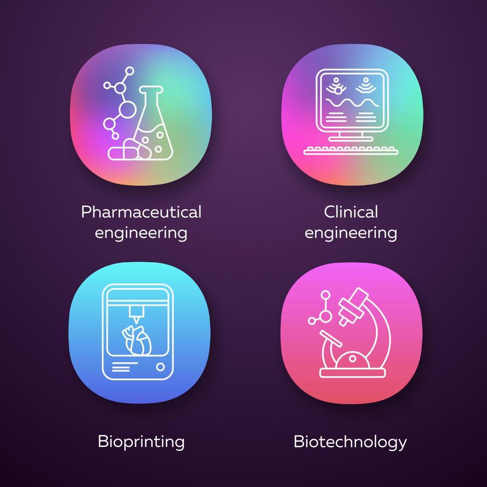 Bioengineering app icons set. Medical technologies. Pharmaceutical and clinical engineering, bioprinting, biotechnology. UI UX user interface. Web or mobile applications. Vector isolated illustrations
