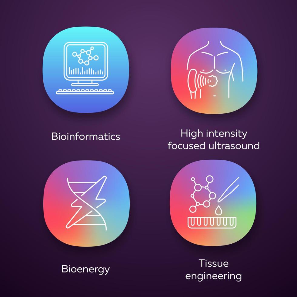 Biotechnology app icons set. Bioengineering. HIFU bioinformatics, tissue engineering, bioenergy. UI UX user interface. Web or mobile applications. Vector isolated illustrations