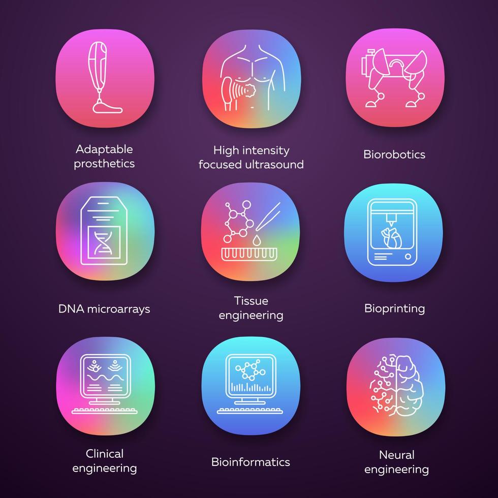 conjunto de iconos de aplicaciones de bioingeniería. biotecnología. biología molecular, ingeniería biomédica y molecular, bioinformática. interfaz de usuario ui ux. aplicaciones web o móviles. Ilustraciones de vectores aislados