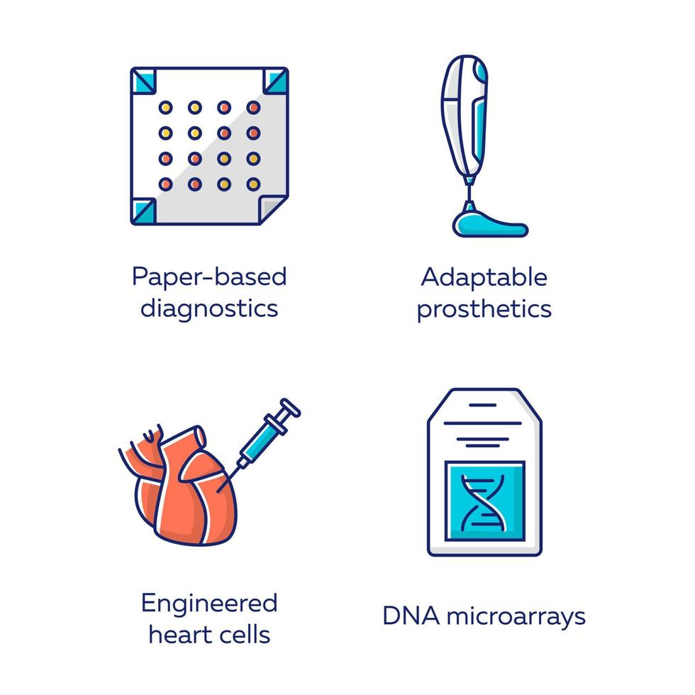 Bioengineering color icons set. Medical technologies for research, treatment. Paper-based diagnostics, adaptable prosthetics, engineered heart cells, DNA microarrays. Isolated vector illustrations