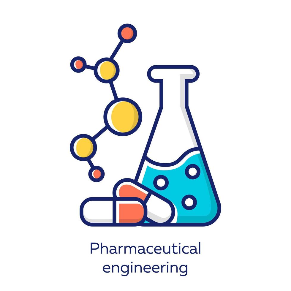 Pharmaceutical engineering color blue icon. Drug formulating. Chemical engineering. Medication quality control. Flask, molecule, capsules. Pharmacology. Biotechnology. Isolated vector illustration