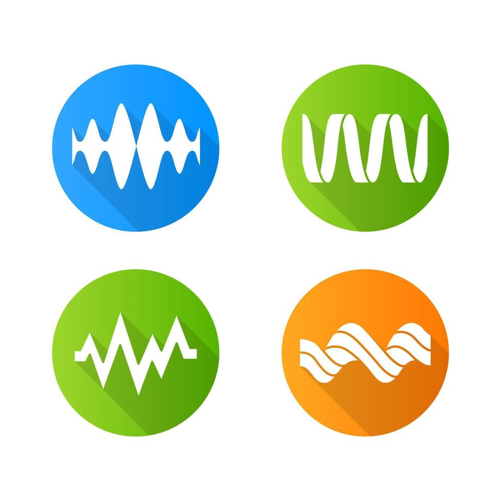 Sound waves flat design long shadow glyph icons set. Audio waves. Music frequency. Voice line, overlapping soundwaves. Abstract digital waveform. Heart rhythm, pulse. Vector silhouette illustration