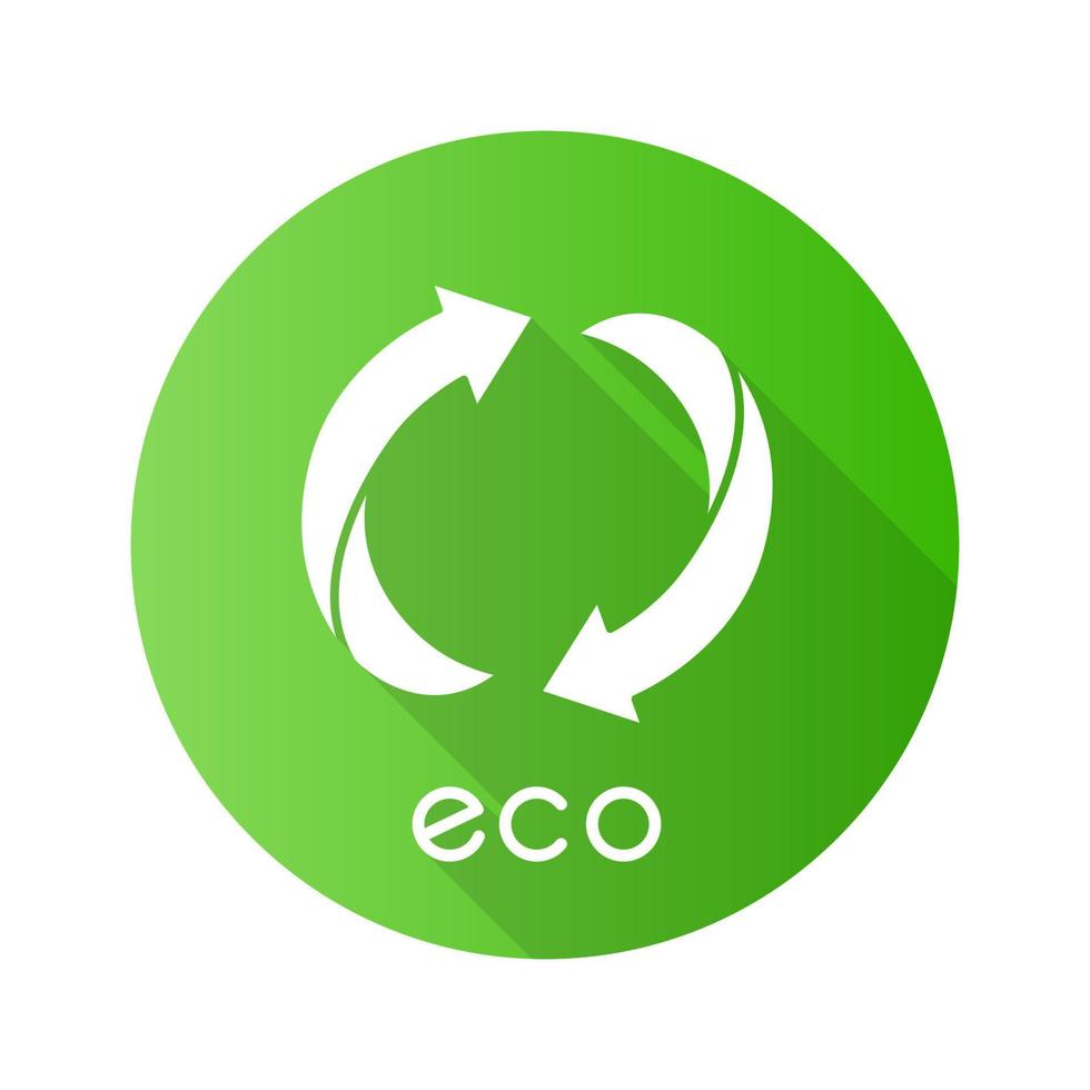 icono de glifo de sombra larga de diseño plano verde de etiqueta ecológica. dos signos de flecha redondeada. símbolo de reciclaje. energía alternativa. etiqueta de protección del medio ambiente. cosméticos orgánicos. ilustración de silueta vectorial vector