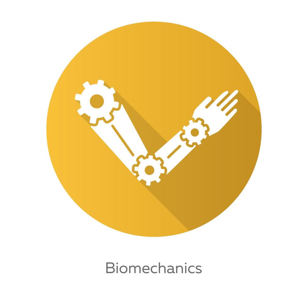 Biomechanics yellow flat design long shadow glyph icon. Studying and copying body movements. Robot arm. Mechanical properties of biological systems. Bioengineering. Vector silhouette illustration