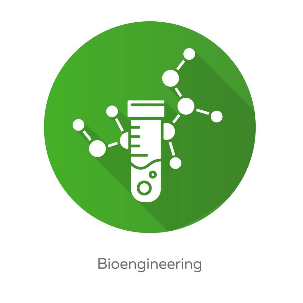 icono de glifo de sombra larga de diseño plano verde de bioingeniería. investigación médica científica. tubo de ensayo y molécula. bioquímica, biotecnología. equipo de laboratorio. ilustración de silueta vectorial vector