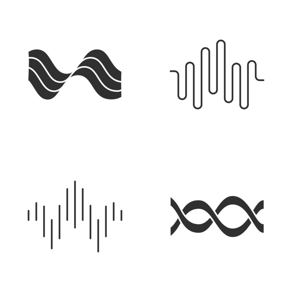 Sound waves glyph icons set. Silhouette symbols. Audio wave. Sound, voice recording. Music rhythm logotype. Soundwave, digital waveform frequency. Dj track playing, party. Vector isolated illustration