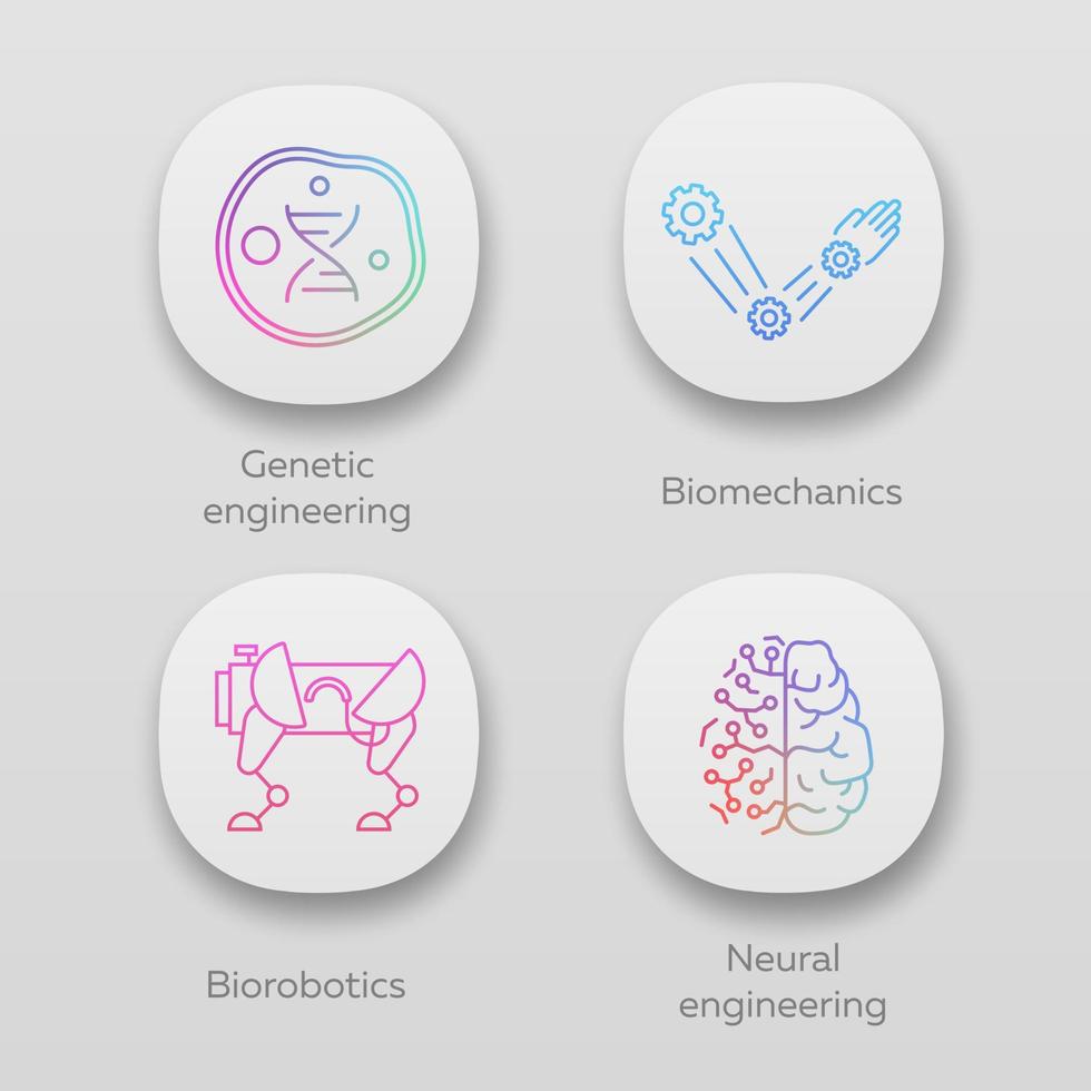 Bioengineering app icons set. Genetic engineering, biomechanics, biorobotics, neural engineering. Biotechnology. UI UX user interface. Web or mobile applications. Vector isolated illustrations