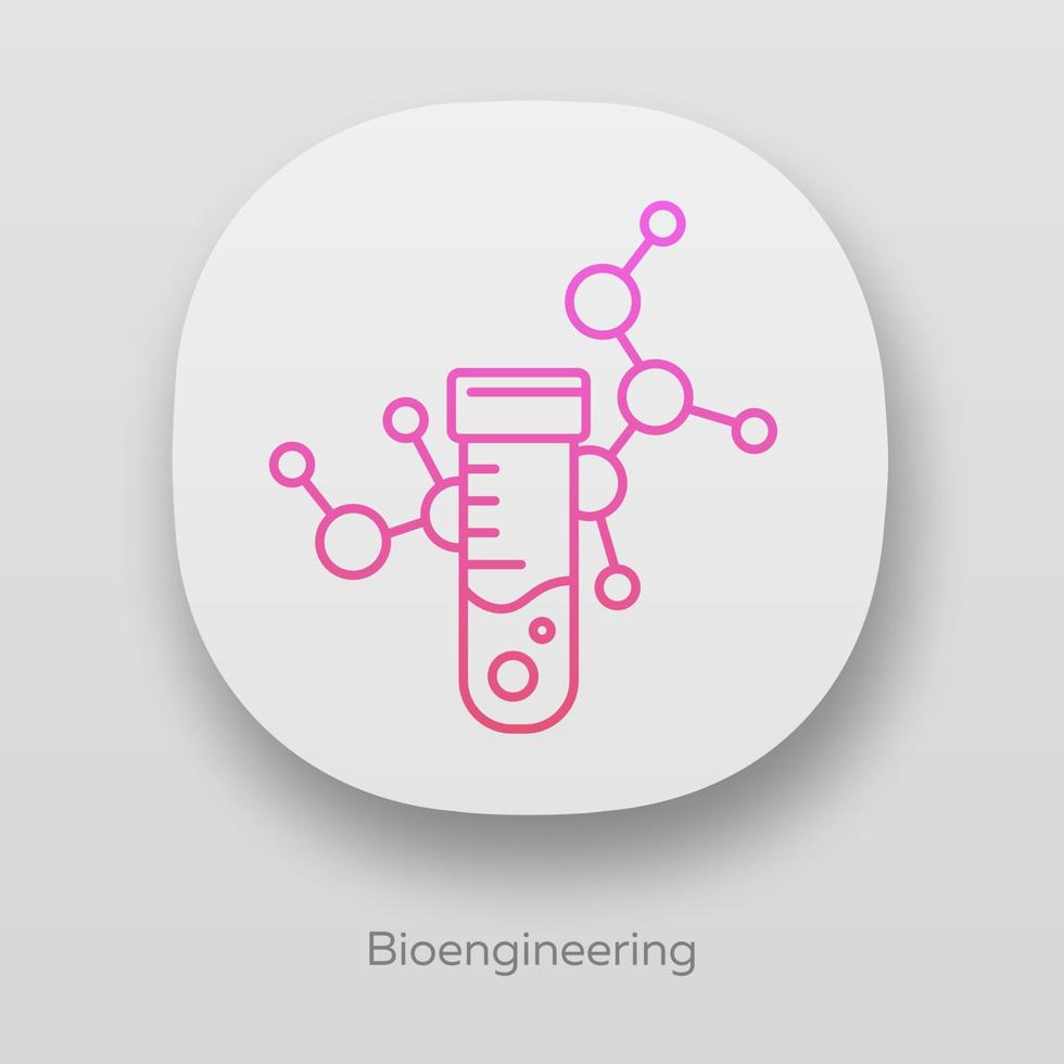 icono de la aplicación de bioingeniería. Ingeniería biológica. tubo de ensayo, molécula. bioquímica, biotecnología. equipo de laboratorio. interfaz de usuario ui ux. aplicaciones web o móviles. Ilustraciones de vectores aislados