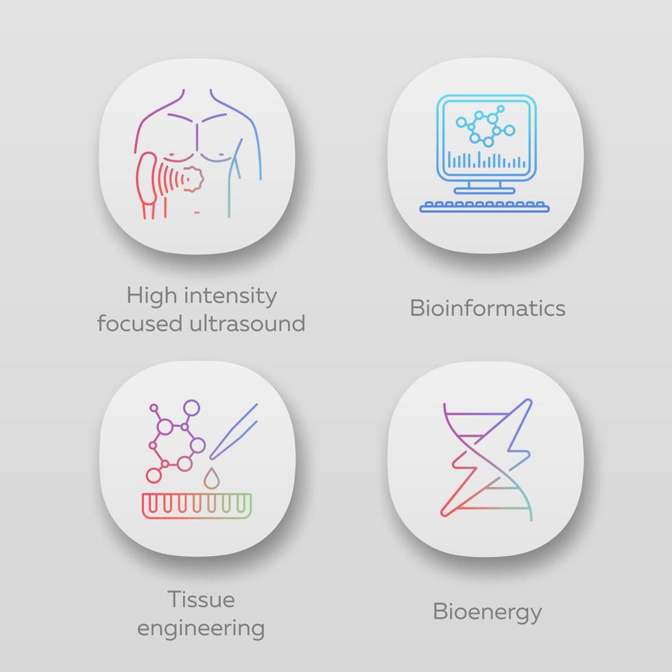 Biotechnology app icons set. Bioengineering. HIFU, bioinformatics, tissue engineering, bioenergy. UI UX user interface. Web or mobile applications. Vector isolated illustrations