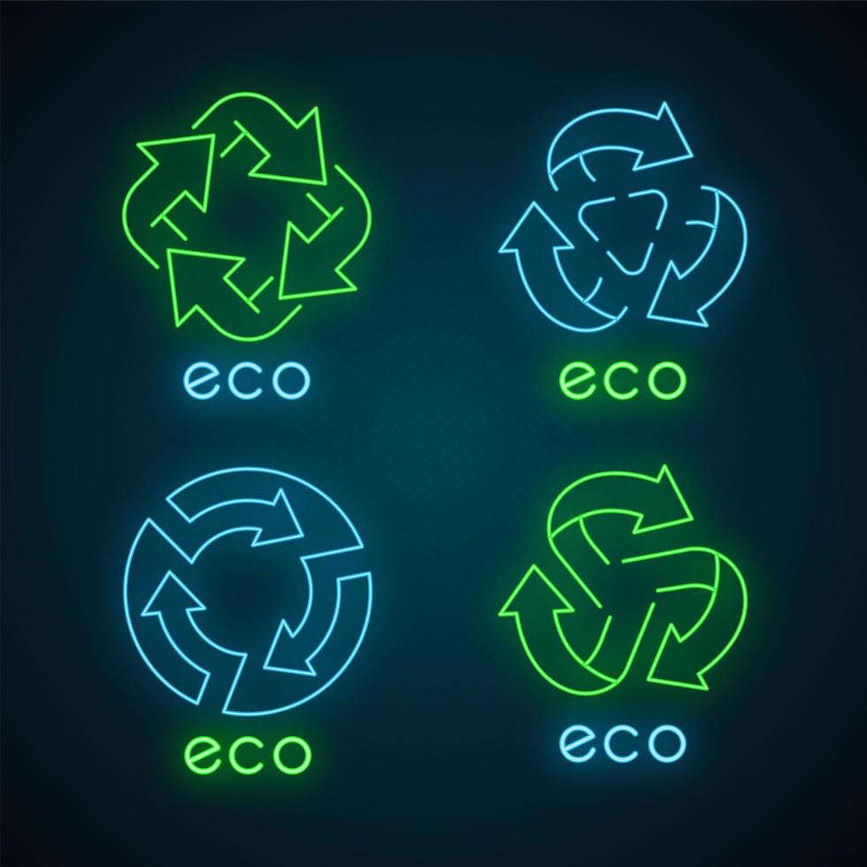 Eco labels neon light icons set. Arrows signs. Recycle symbols. Alternative energy. Environmental protection emblems. Organic products. Eco friendly chemicals. Glowing signs. Vector illustrations