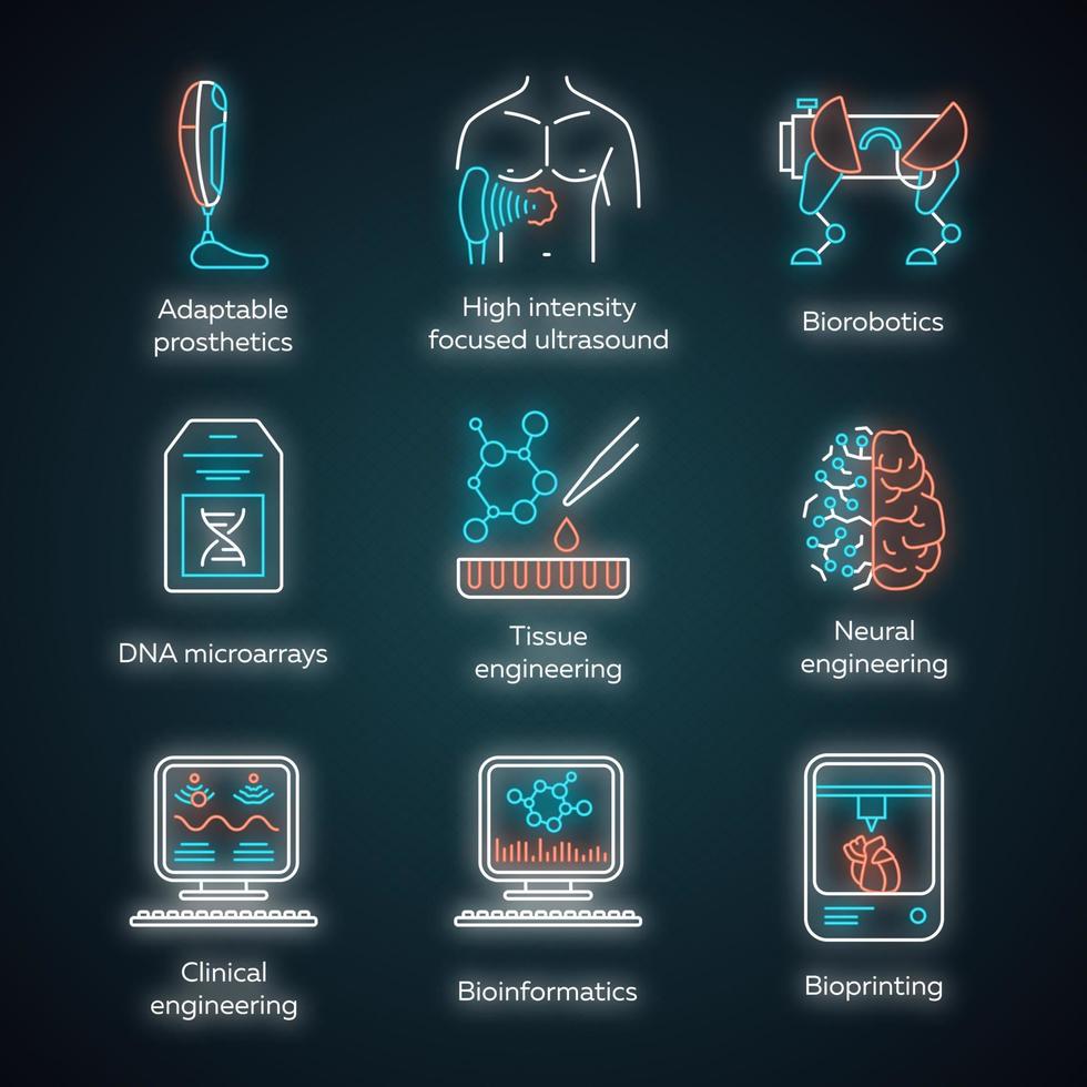 conjunto de iconos de luz de neón de bioingeniería. biotecnología. biología molecular, ingeniería biomédica y molecular, bioinformática. signos brillantes. Ilustraciones de vectores aislados