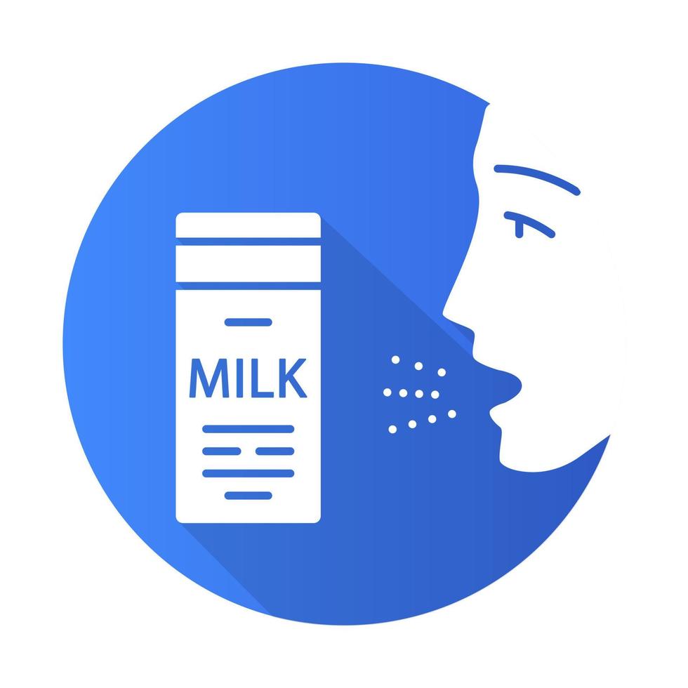 Milk allergy flat design long shadow glyph icon. Food allergy. Allergic reaction to milk proteins. Lactose intolerance. Medical problem. Allergens in dairy. Vector silhouette illustration