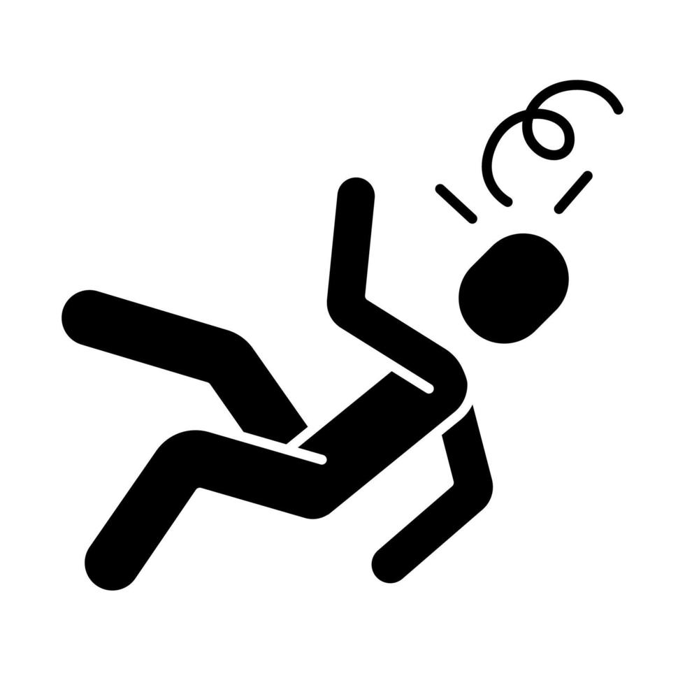 Fainting glyph icon. Unconsciousness human falling silhouette symbol. Dizziness, fatigue, consciousness loss. Negative space. Sun stroke, heart attack, injury. Vector isolated illustration