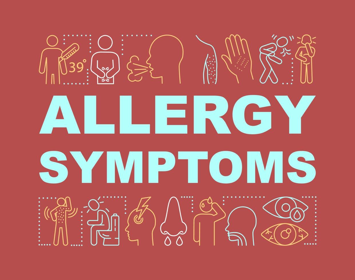 Allergy symptoms word concepts banner. Organism reactions to allergens. Fever, migraine. Presentation, website. Isolated lettering typography idea with linear icons. Vector outline illustration