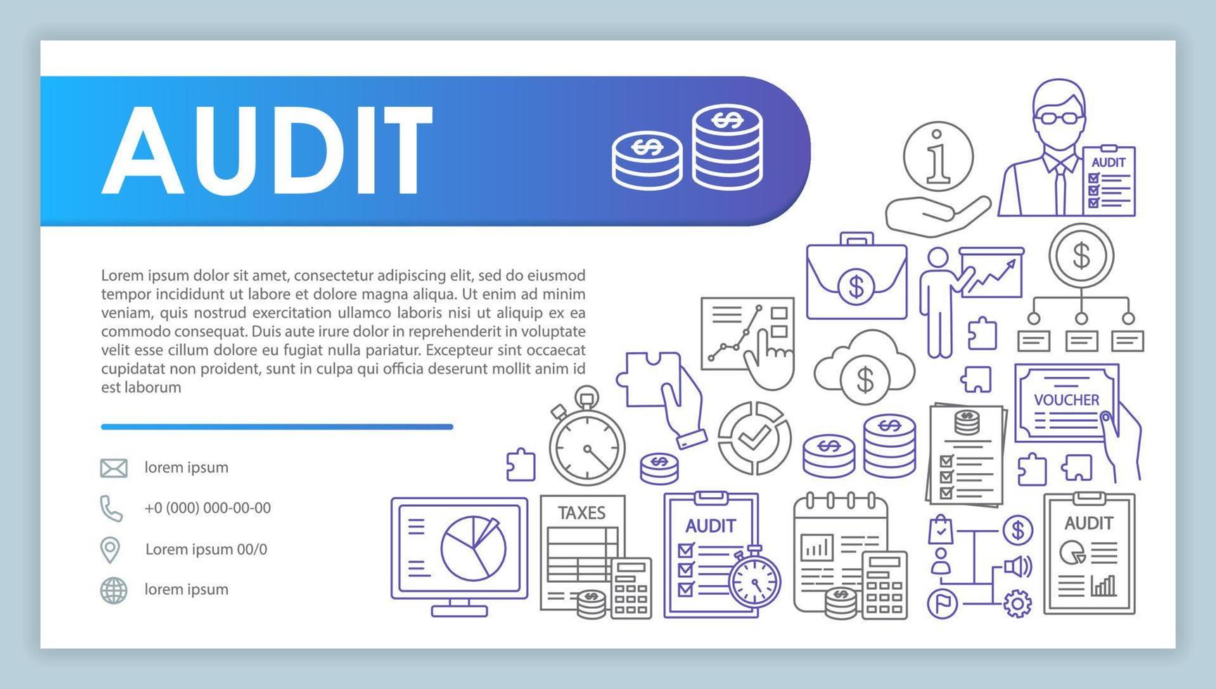 banner web de auditoría, plantilla de vector de tarjeta de visita. página de contacto de la empresa de contabilidad con teléfono, iconos lineales de correo electrónico. presentación de análisis financiero, idea de página web. diseño de diseño de impresión corporativa