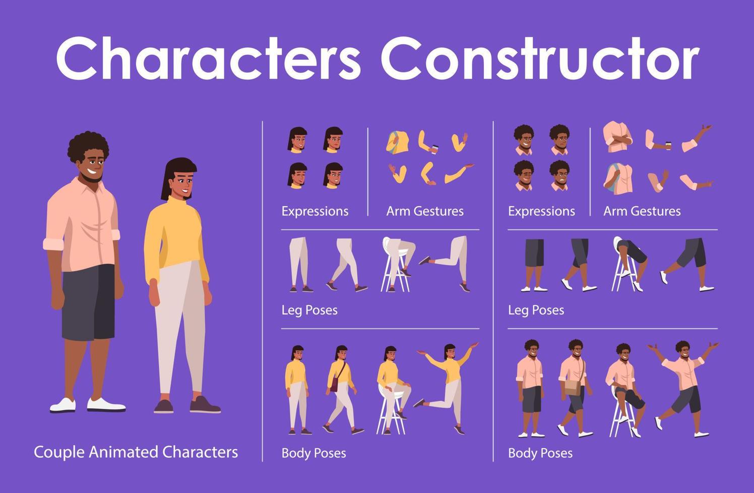 Dark skin man, woman front view animated flat vector characters design set.  Couple constructor with various face emotion, body poses, hand gestures, legs kit