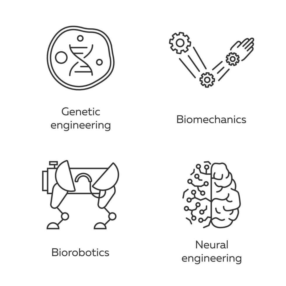 Bioengineering linear icons set. Genetic engineering, biomechanics, biorobotics, neural engineering. Biotechnology. Thin line contour symbols. Isolated vector outline illustrations. Editable stroke