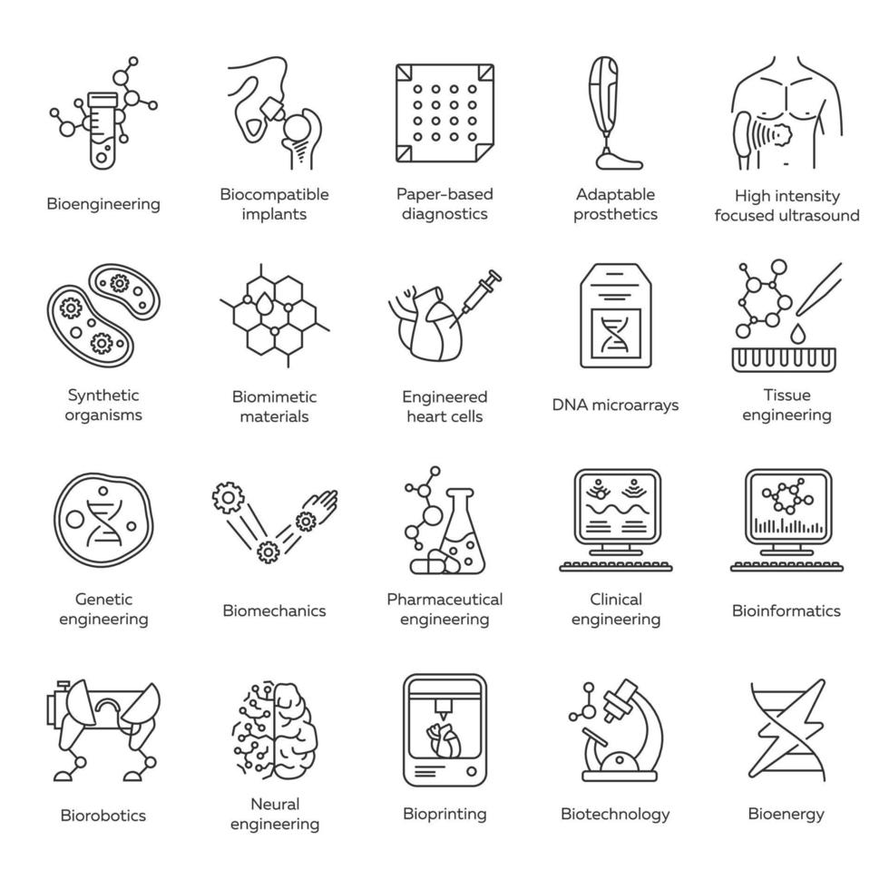 conjunto de iconos lineales de bioingeniería. biotecnología. tratamiento de enfermedades, ingeniería genética, inteligencia artificial. símbolos de contorno de línea delgada. ilustraciones aisladas de contorno vectorial. trazo editable vector