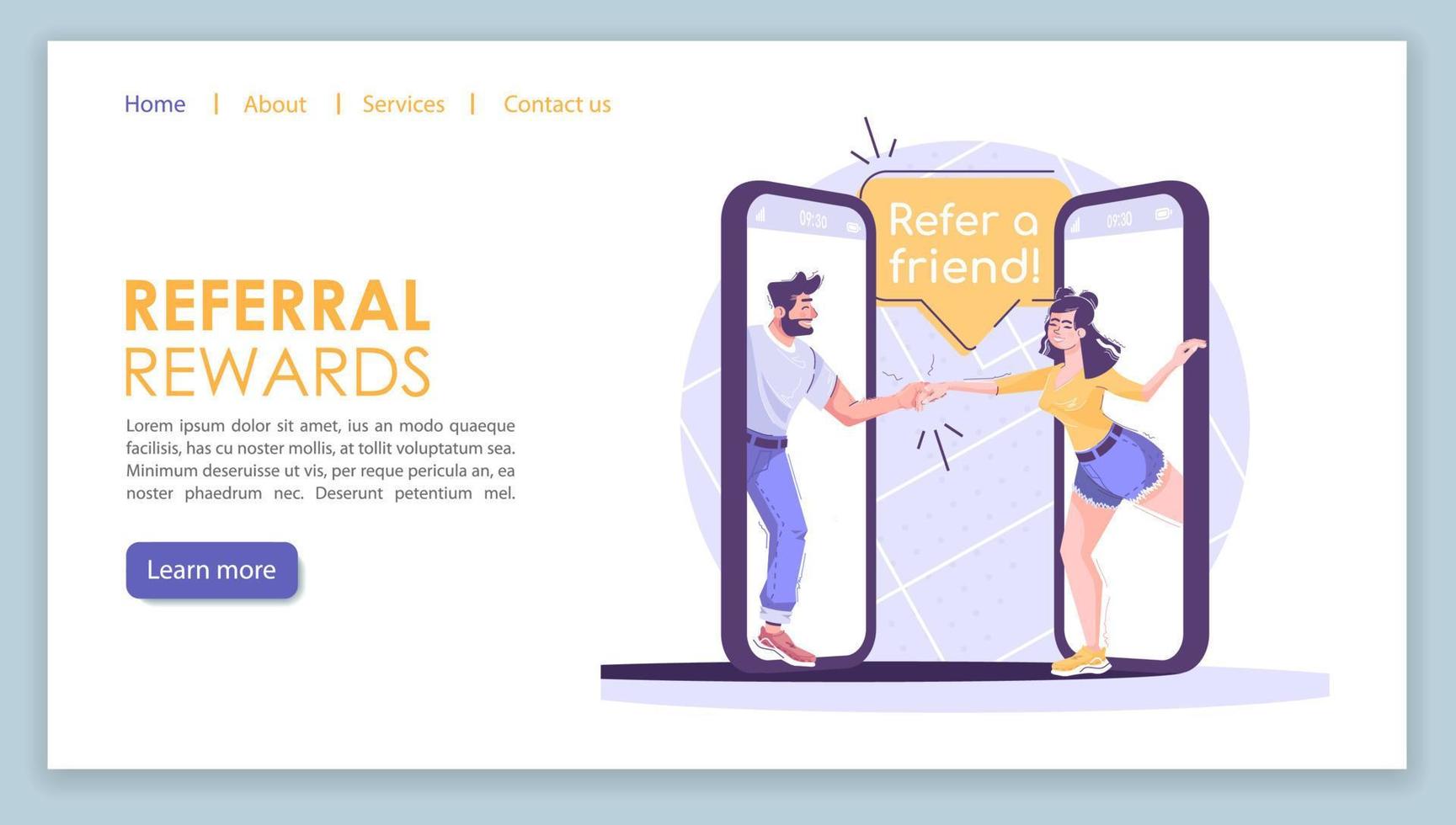 Referral rewards landing page vector template. Marketing business website interface idea with flat illustrations. Company homepage layout. Refer a friend web banner, webpage cartoon concept