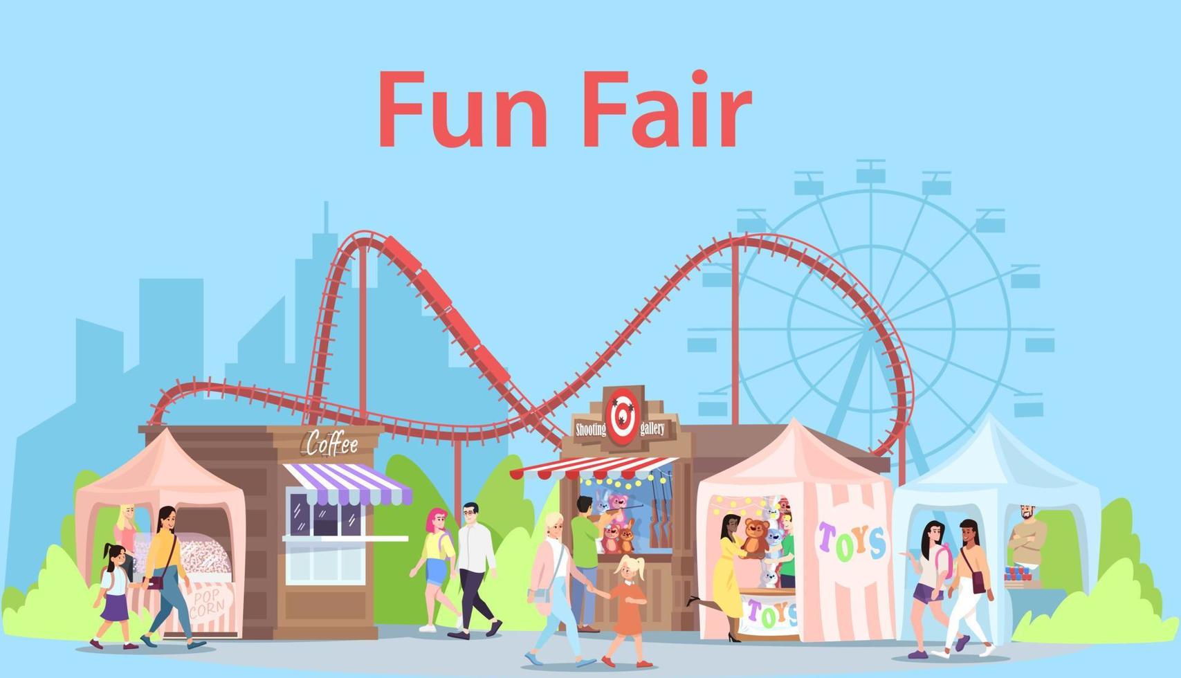 Funfair flat vector illustration. Amusement park attractions banner design. Ferris wheel, roller coaster. Summer festival entertainment. Fun fair with local shops, street food stalls, kiosks and booth