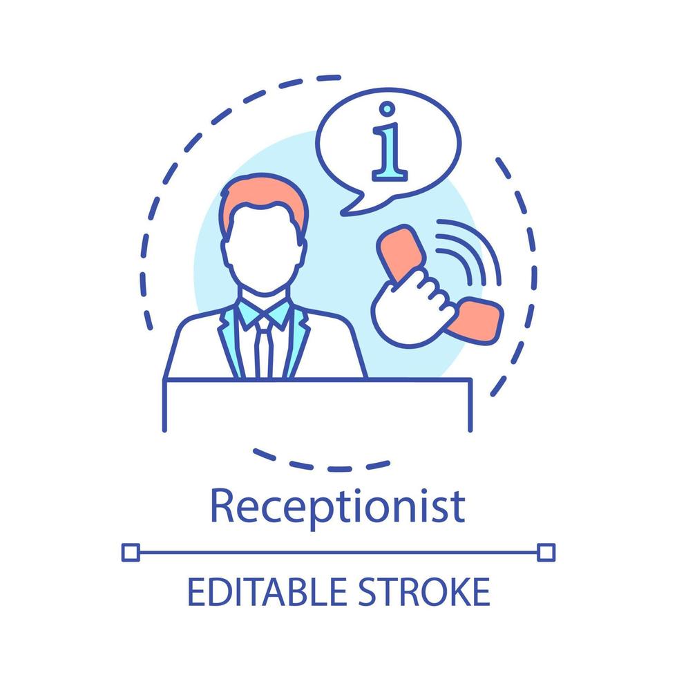Receptionist concept icon. Secretary, assistant idea thin line illustration. Call center, information center. Hotel reservation. Reception service. Vector isolated outline drawing. Editable stroke
