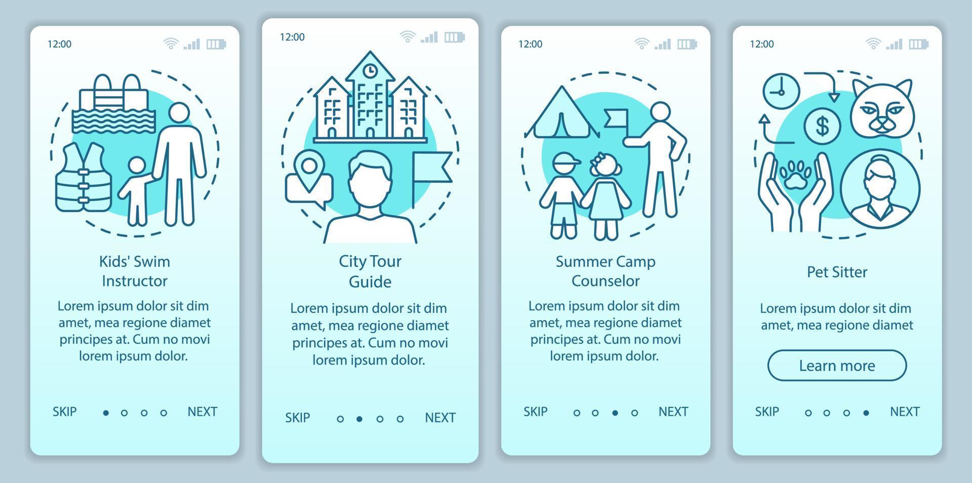 Summer part-time jobs turquoise onboarding mobile app page screen vector template. Swim instructor. Walkthrough website steps with linear illustrations. UX, UI, GUI smartphone interface concept