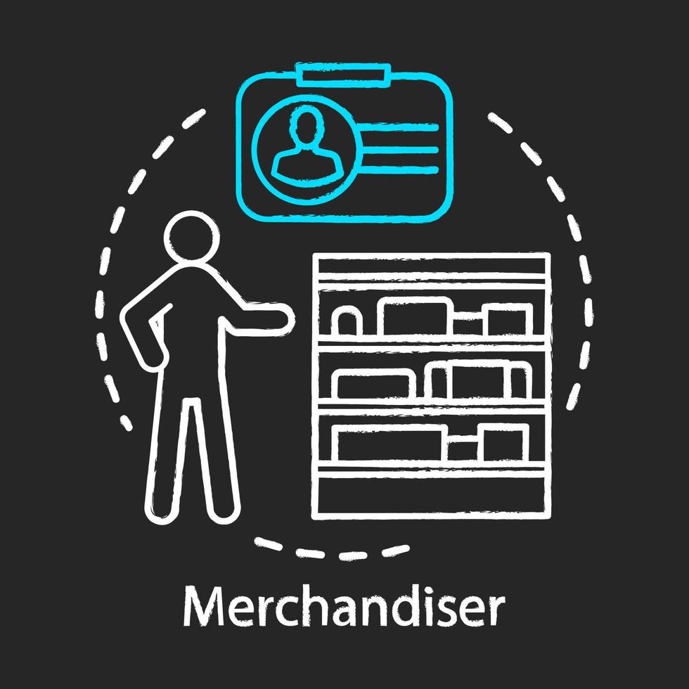 icono de tiza de comerciante. trabajador de la tienda, empleado, asistente. marketing al por menor, compras y promoción. vendedor, gerente de ventas. Comerciante revisando productos. ilustración de pizarra de vector aislado