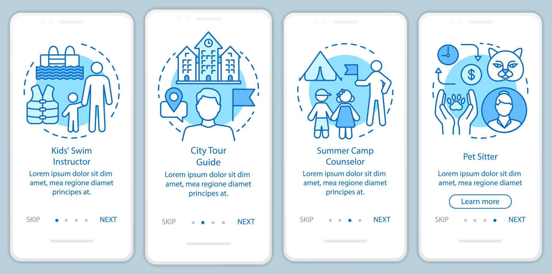 Summer part-time jobs blue onboarding mobile app page screen with linear concepts. Swim instructor, tour guide walkthrough steps graphic instructions. UX, UI, GUI vector template with illustrations