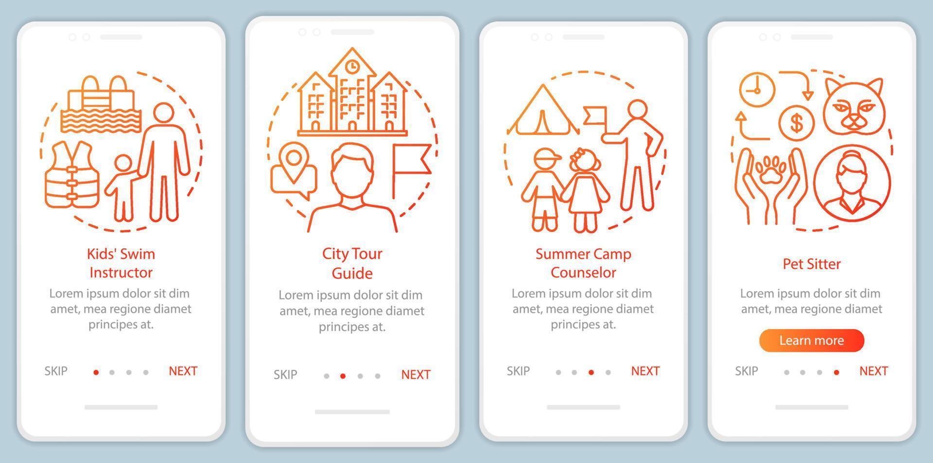 trabajos a tiempo parcial de verano plantilla de vector de pantalla de página de aplicación móvil de incorporación naranja. instructor de natación paso a paso del sitio web con ilustraciones lineales. ux, ui, concepto de interfaz de teléfono inteligente gui