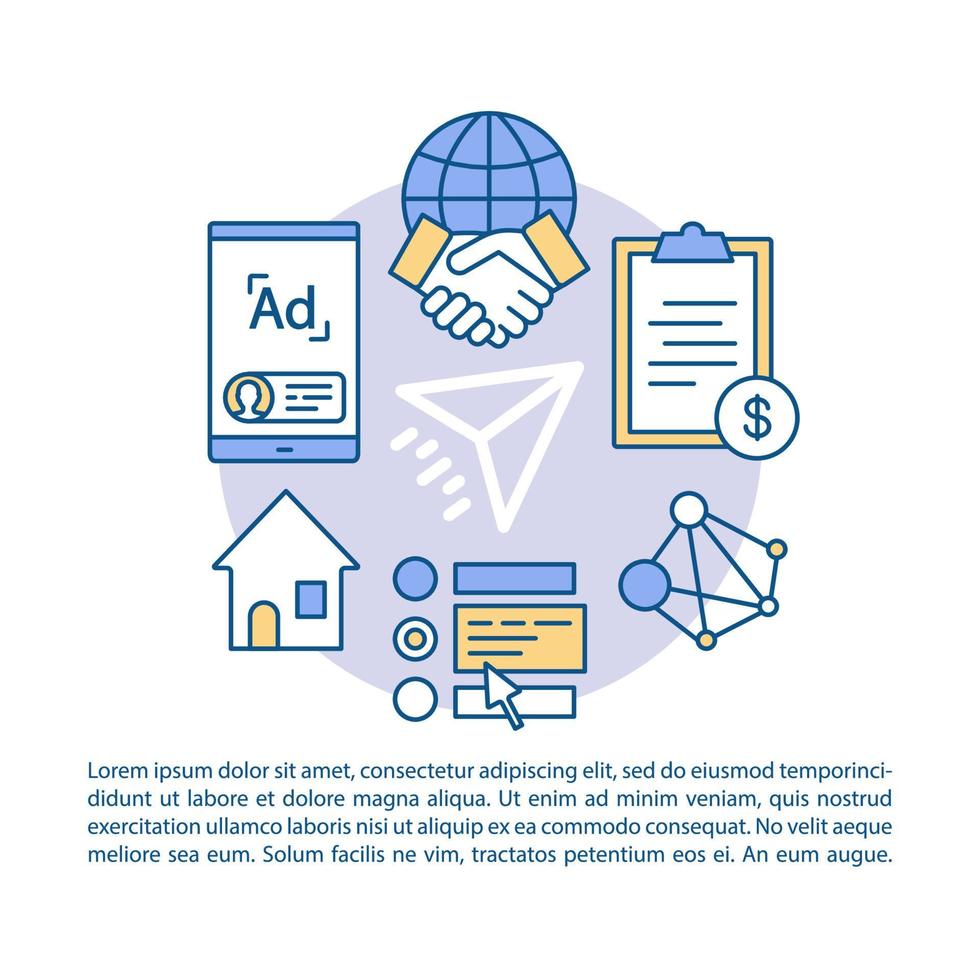 Freelance article page vector template. Self-employment. Online job. Brochure, magazine, booklet design element with linear icons and text boxes. Print design. Concept illustrations with text space