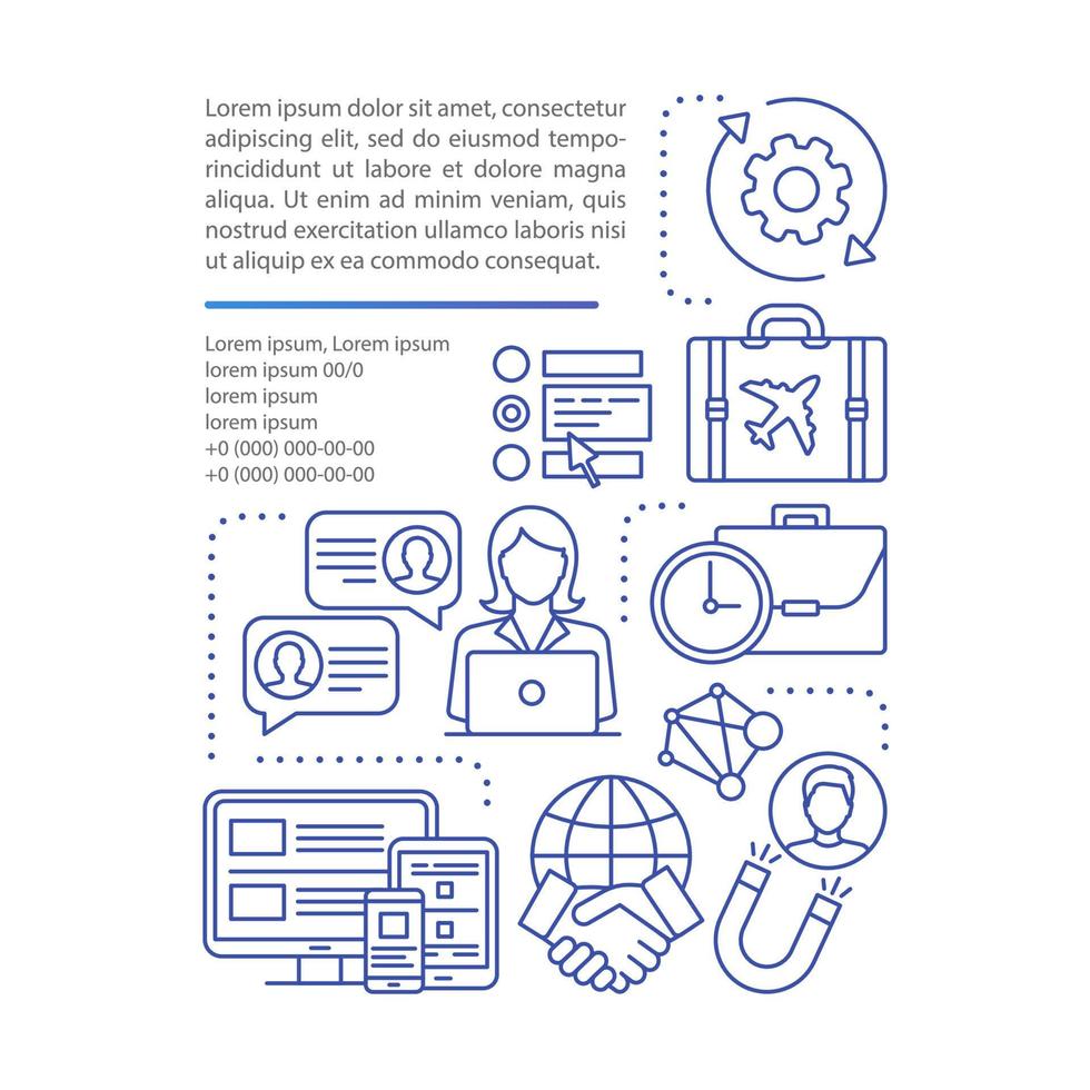 Freelance article page vector template. Online job. Remote working. Brochure, magazine, booklet design element with linear icons and text boxes. Print design. Concept illustrations with text space