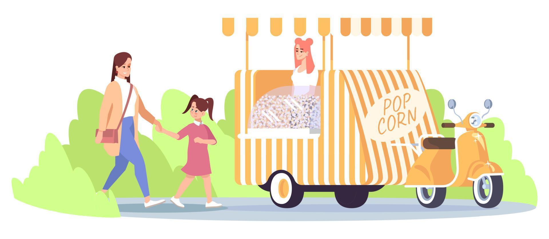 Ilustración de vector plano de camión de comida de palomitas de maíz. madre con hija caminando por comprar palomitas de maíz en el parque de la ciudad. vehículo de comida callejera, vendedor, compradores personajes de dibujos animados aislados sobre fondo blanco