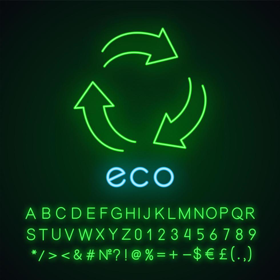 Eco label neon light icon. Three curved arrow signs. Recycle symbol. Alternative energy. Environmental protection sticker. Glowing sign with alphabet, numbers and symbols. Vector isolated illustration