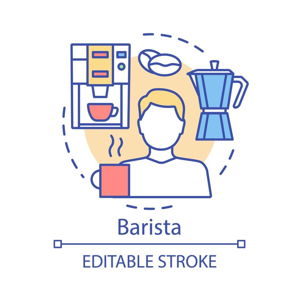 Barista concept icon. Coffeehouse employee, bartender idea thin line illustration. Coffee maker. Barista equipment, espresso machine. Coffee brewing. Vector isolated outline drawing. Editable stroke