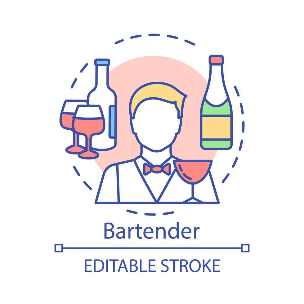 Bartender concept icon. Barman, barkeeper idea thin line illustration. Restaurant, bar staff. Catering business. Wine, alcoholic beverage in bottle. Vector isolated outline drawing. Editable stroke