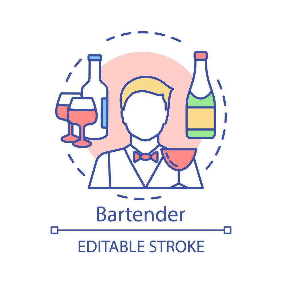 icono de concepto de camarero. barman, barman idea ilustración de línea fina. restaurante, personal de bar. negocio de catering. vino, bebida alcohólica en botella. dibujo de contorno aislado vectorial. trazo editable vector