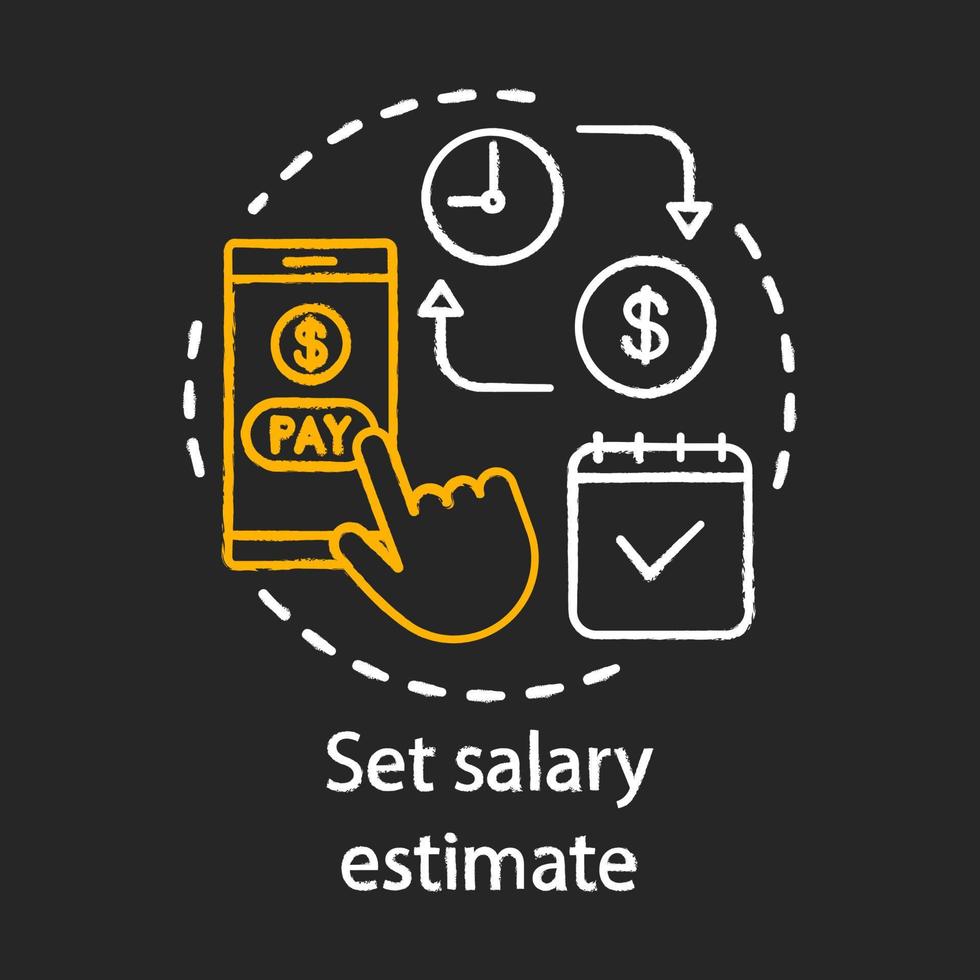 Set salary estimate chalk icon. Salary calculator. Wage payment. Budget calculation, accounting. Online billing service. Financial calendar. Isolated vector chalkboard illustration