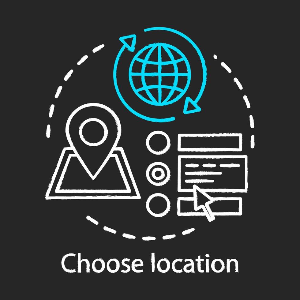 Choose location chalk icon. Planning travel destination. Route choosing. Pointer mark on navigation map. Device for searching location. Address indicator. Isolated vector chalkboard illustration