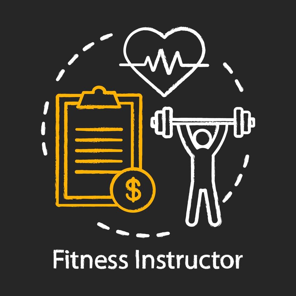 Fitness instructor chalk icon. Gym coach, trainer. Sportsman training. Fitness exercises. Sport, workout training and exercising tool. Weightlifting. Isolated vector chalkboard illustration