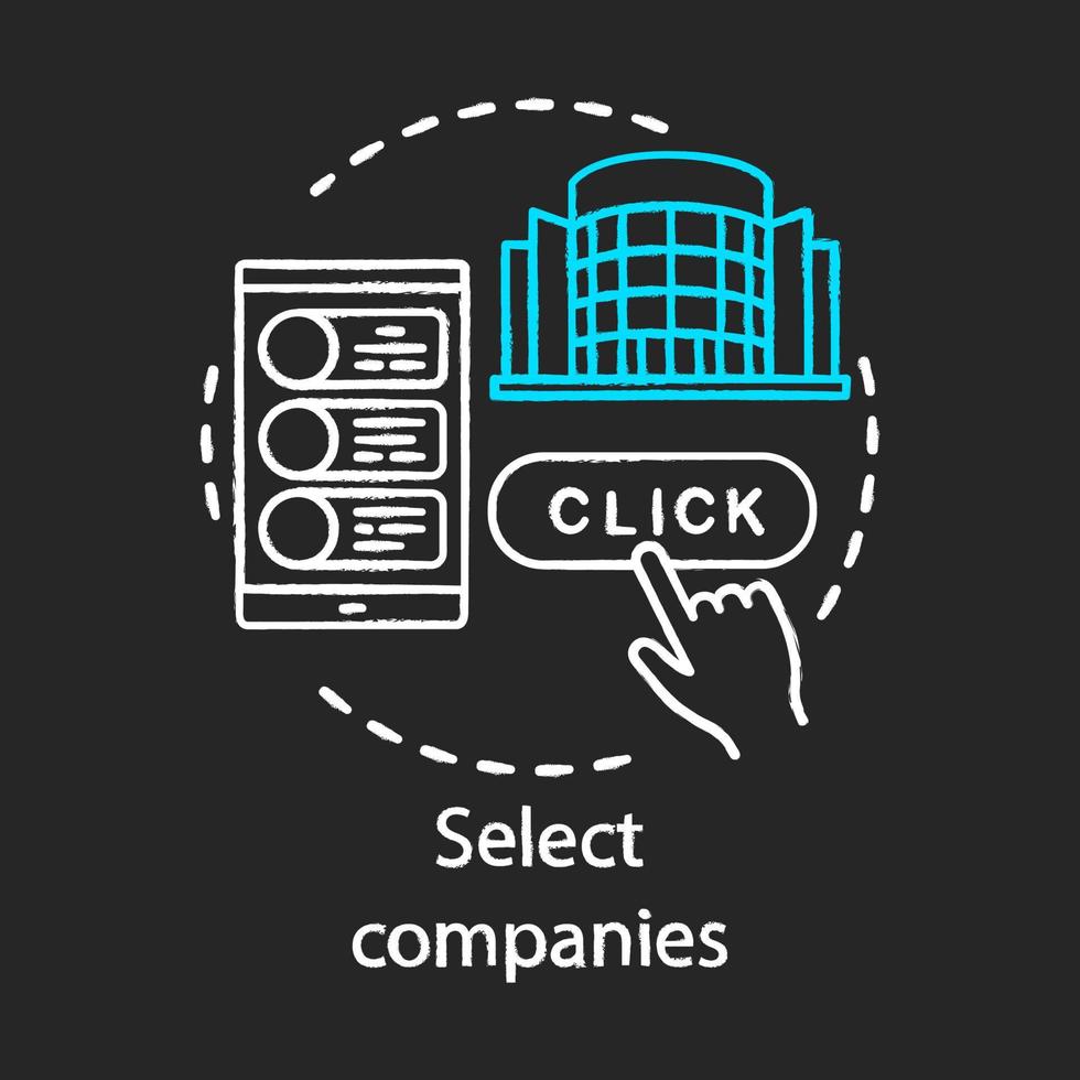 Select companies chalk icon. Job searching, finding work features. Recruitment, employment. Office space rentals. Business centre for rent. Isolated vector chalkboard illustration