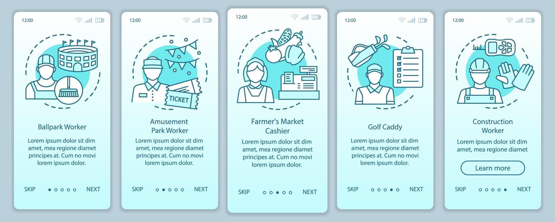 Summer part-time jobs turquoise onboarding mobile app page screen vector template. Cashier, caddy. Walkthrough website steps with linear illustrations. UX, UI, GUI smartphone interface concept