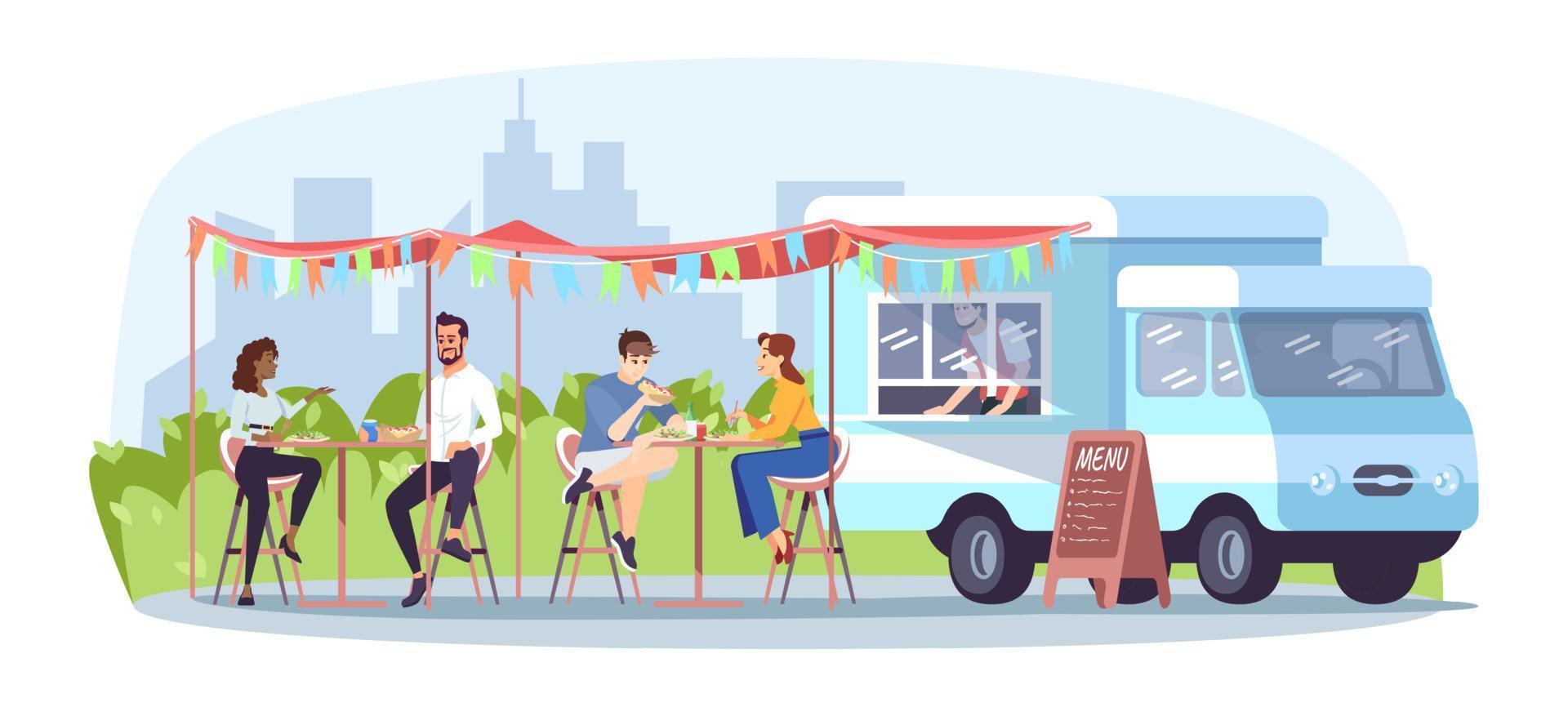 ilustración de vector plano de café de comida callejera. restaurante de comida preparada para llevar. festival de verano en el parque de la ciudad. camión de comida, vendedor, gente en las mesas personajes de dibujos animados aislados sobre fondo blanco