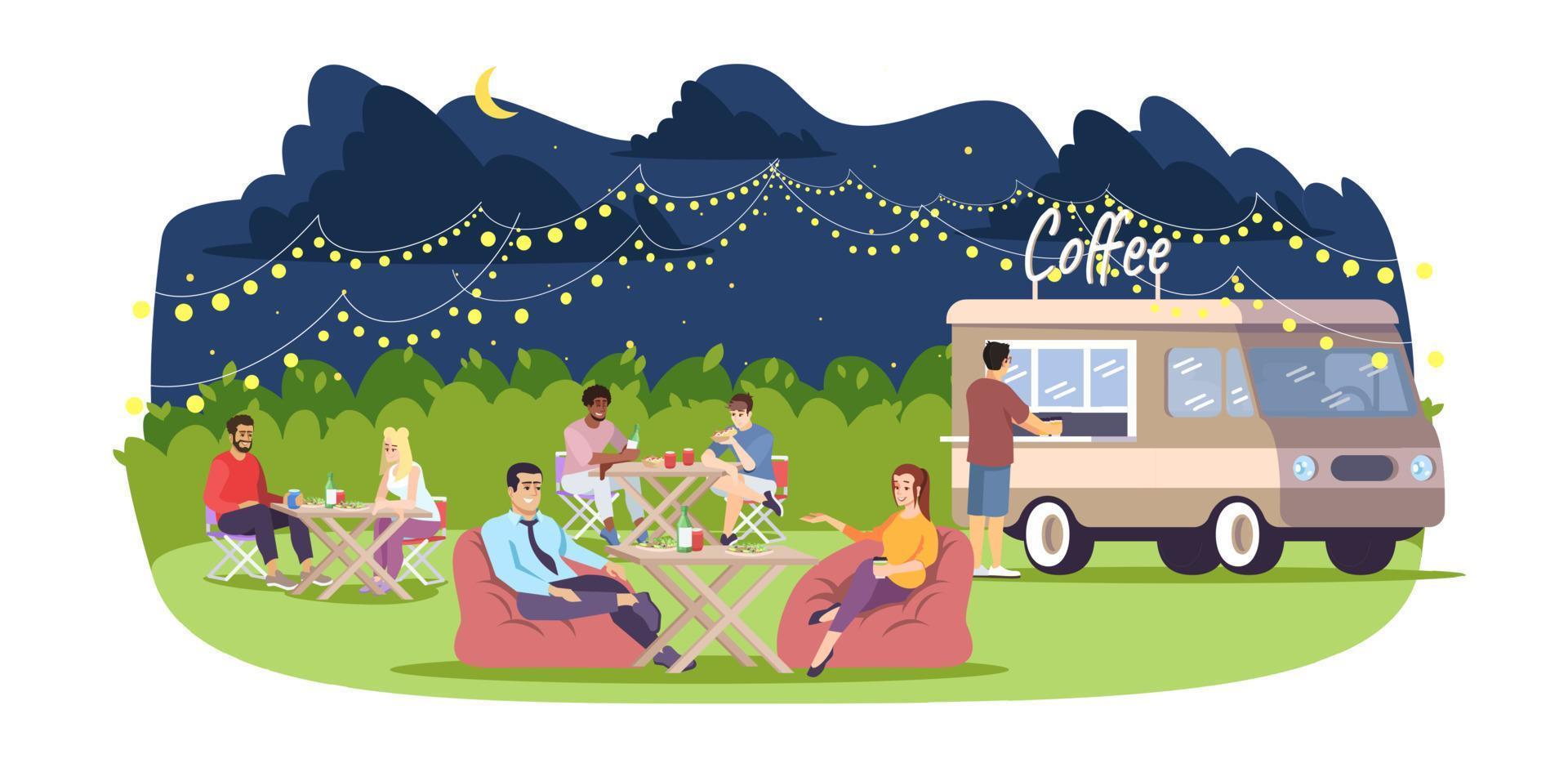 Street food restaurant flat vector illustration. Summer city festival. Coffee point truck, resting visitors. People eating, chatting in park cafe isolated cartoon characters on white background