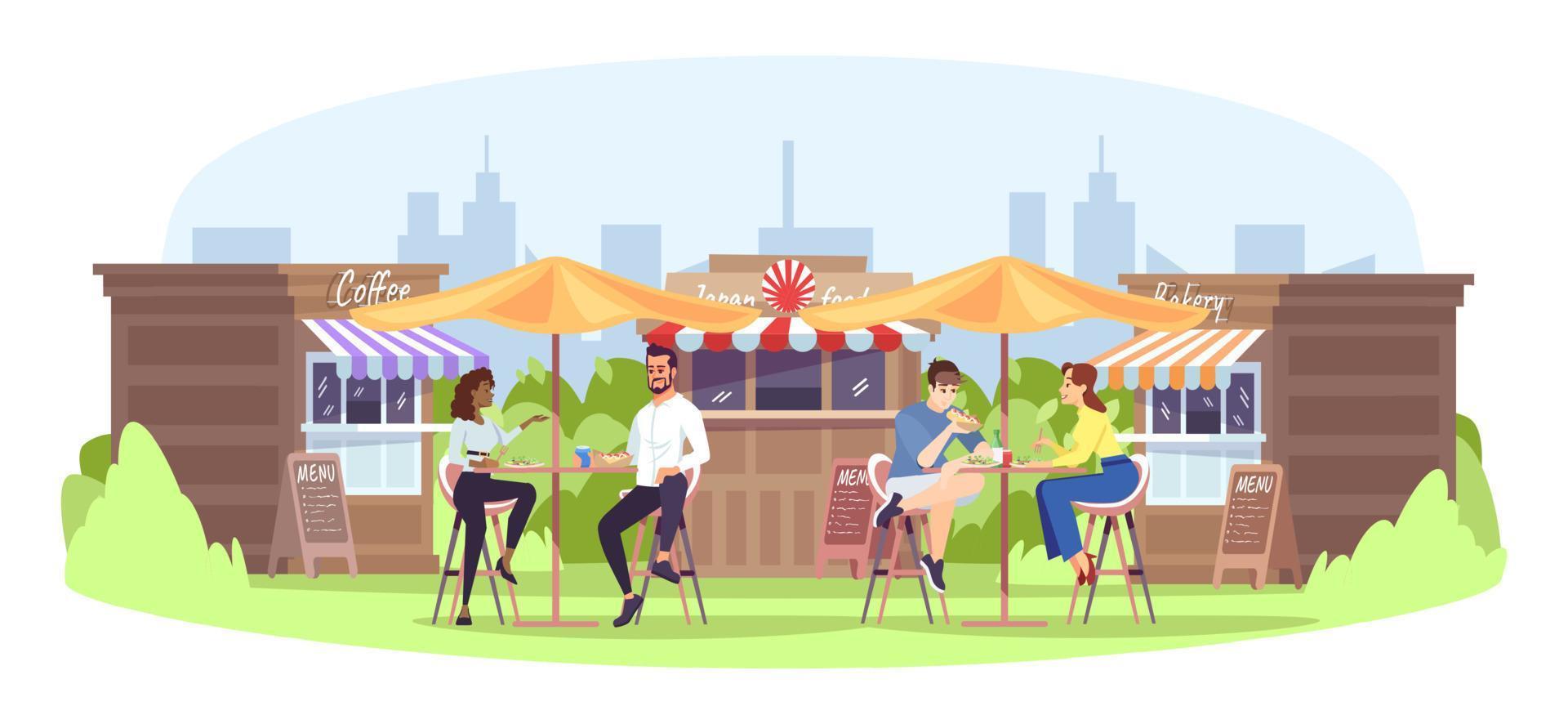 Park cafe flat vector illustration. Summer weekend outdoor rest in town. Fastfood kiosks, visitors, People chatting, eating at street food restaurant isolated cartoon characters on white background