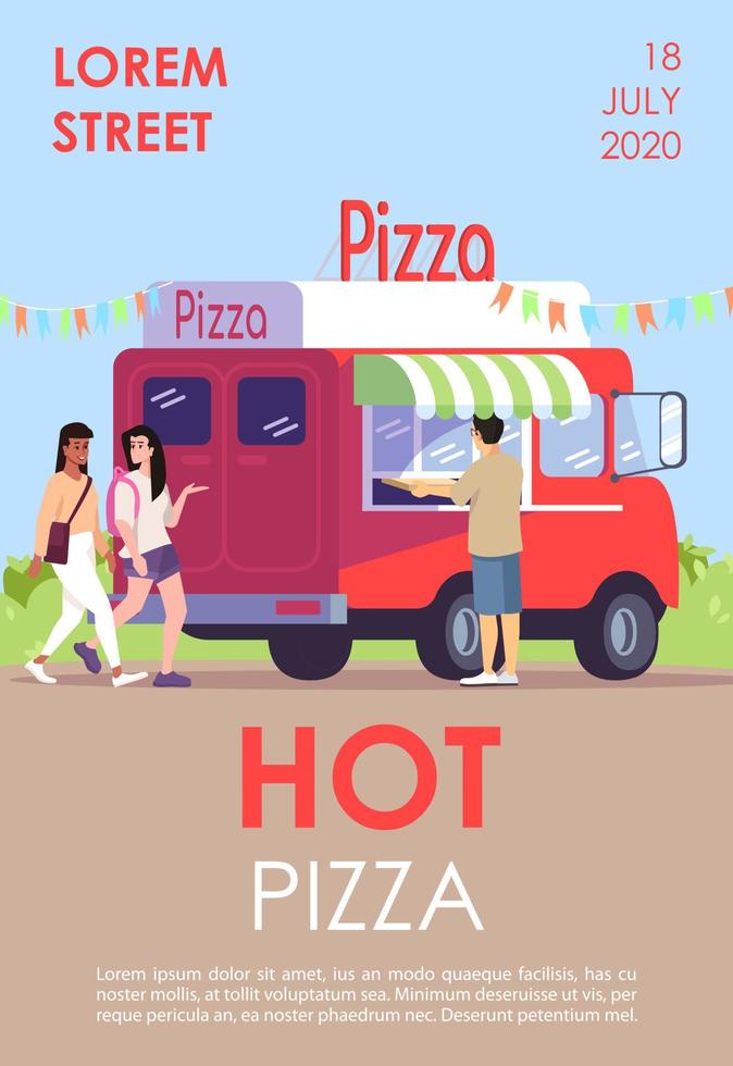 plantilla de folleto de pizza caliente. vehículo de comida callejera en un picnic de la ciudad. volante, folleto, concepto de folleto con ilustraciones planas. diseño de página vectorial para revista. invitación publicitaria con espacio de texto vector