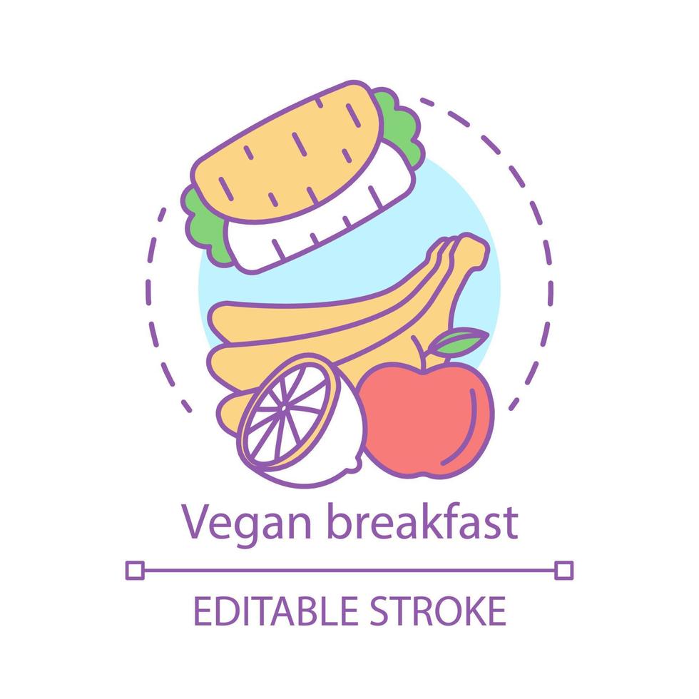 Vegan breakfast concept icon. Organic food idea thin line illustration. Healthy nutrition. Fresh apple, ripe bananas, lemon and vegetarian burrito vector isolated outline drawing. Editable stroke