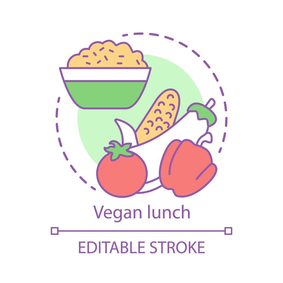 Vegan lunch concept icon. Vegetarian lifestyle idea thin line illustration. Delicious organic food, healthy nutrition. Porridge with raw vegetables vector isolated outline drawing. Editable stroke